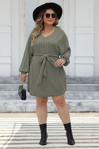 Plus Size Ribbed Tie Front Long Sleeve Sweater Dress Trandify deal