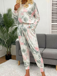 Tie-Dye Round Neck Top and Drawstring Pants Lounge Set Trandify deal