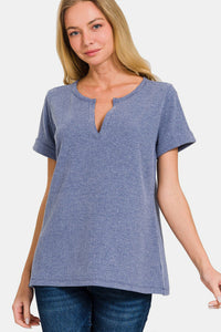 Zenana Notched Short Sleeve Waffle T-Shirt Trandify deal