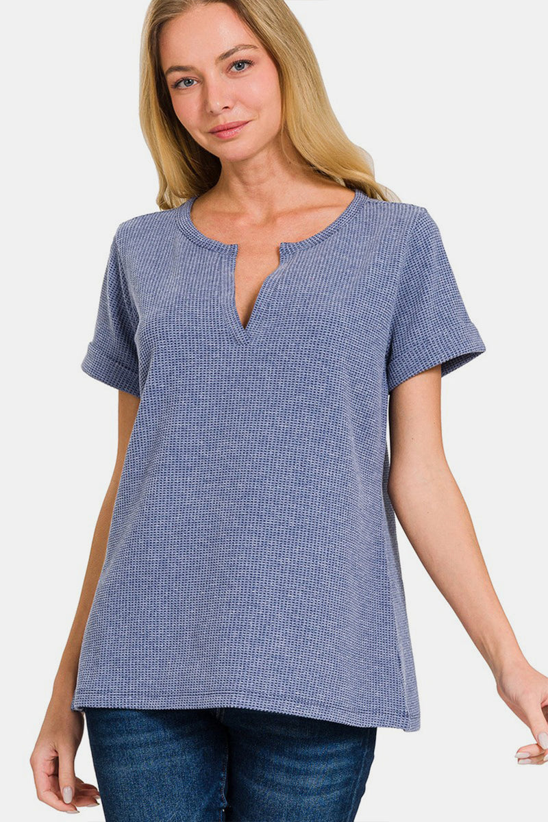 Zenana Notched Short Sleeve Waffle T-Shirt Trandify deal