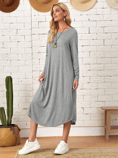 Pocketed Round Neck Long Sleeve Tee Dress Trandify deal