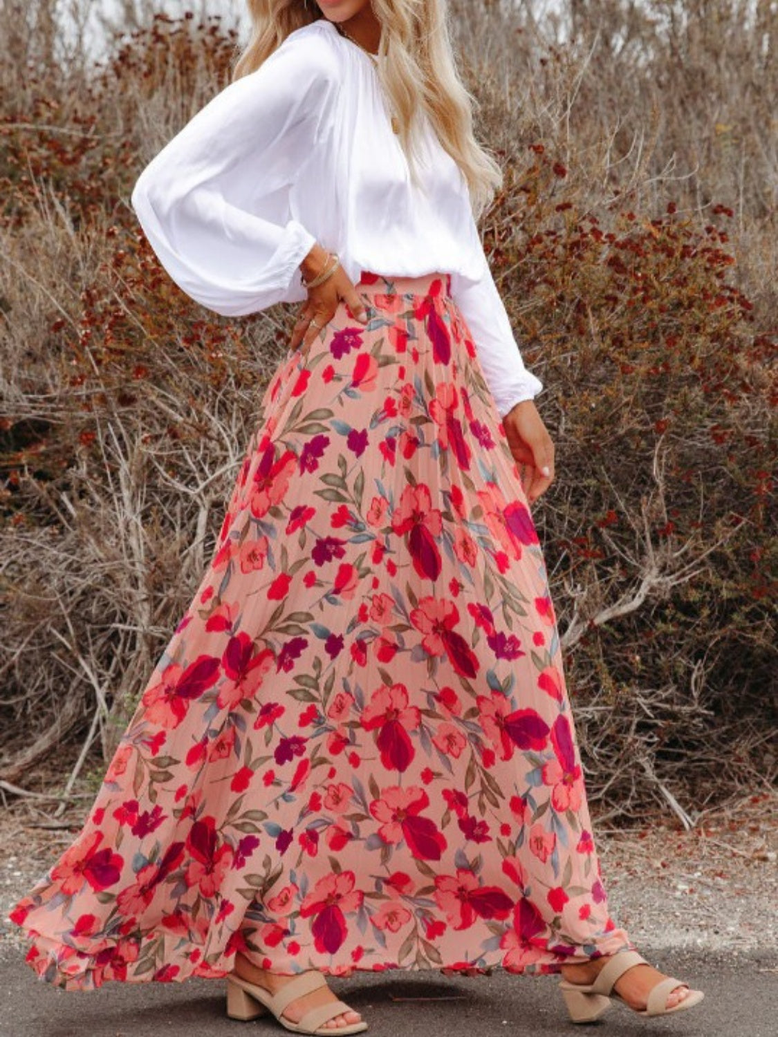 Printed Elastic Waist Pleated Maxi Skirt Trandify deal