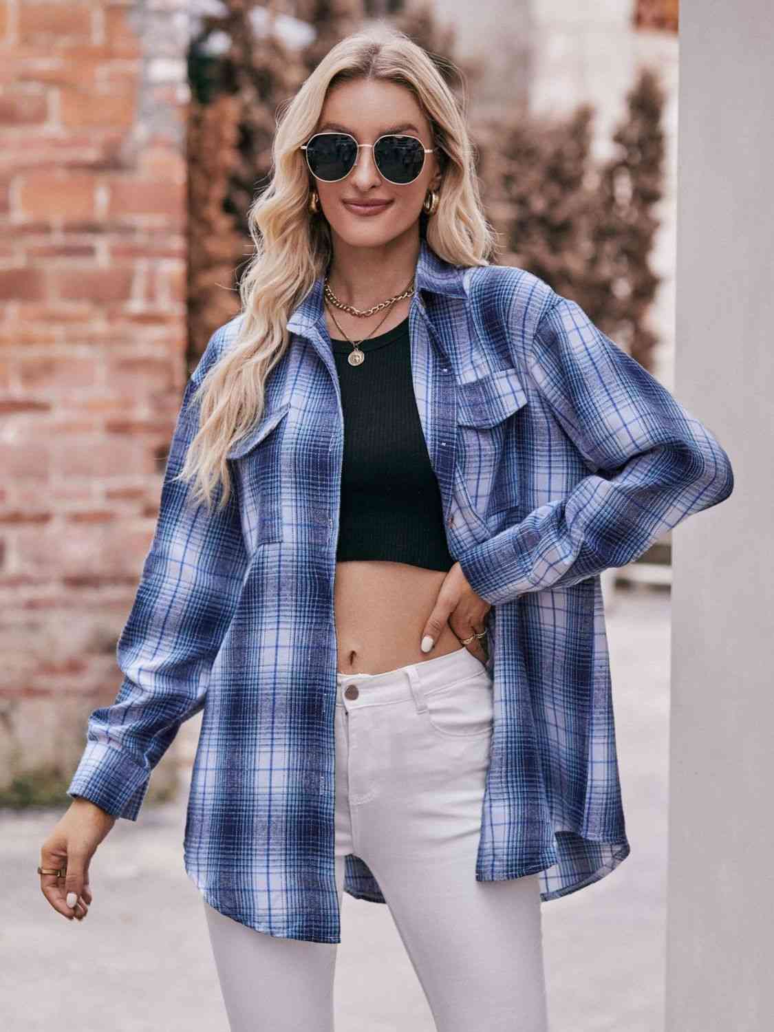 Plaid Dropped Shoulder Longline Shirt Trandify deal