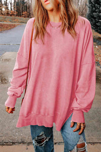 Dropped Shoulder Round Neck Long Sleeve Blouse Trandify deal