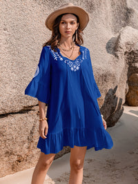 Printed Tie Neck Flounce Sleeve Mini Dress Trandify deal