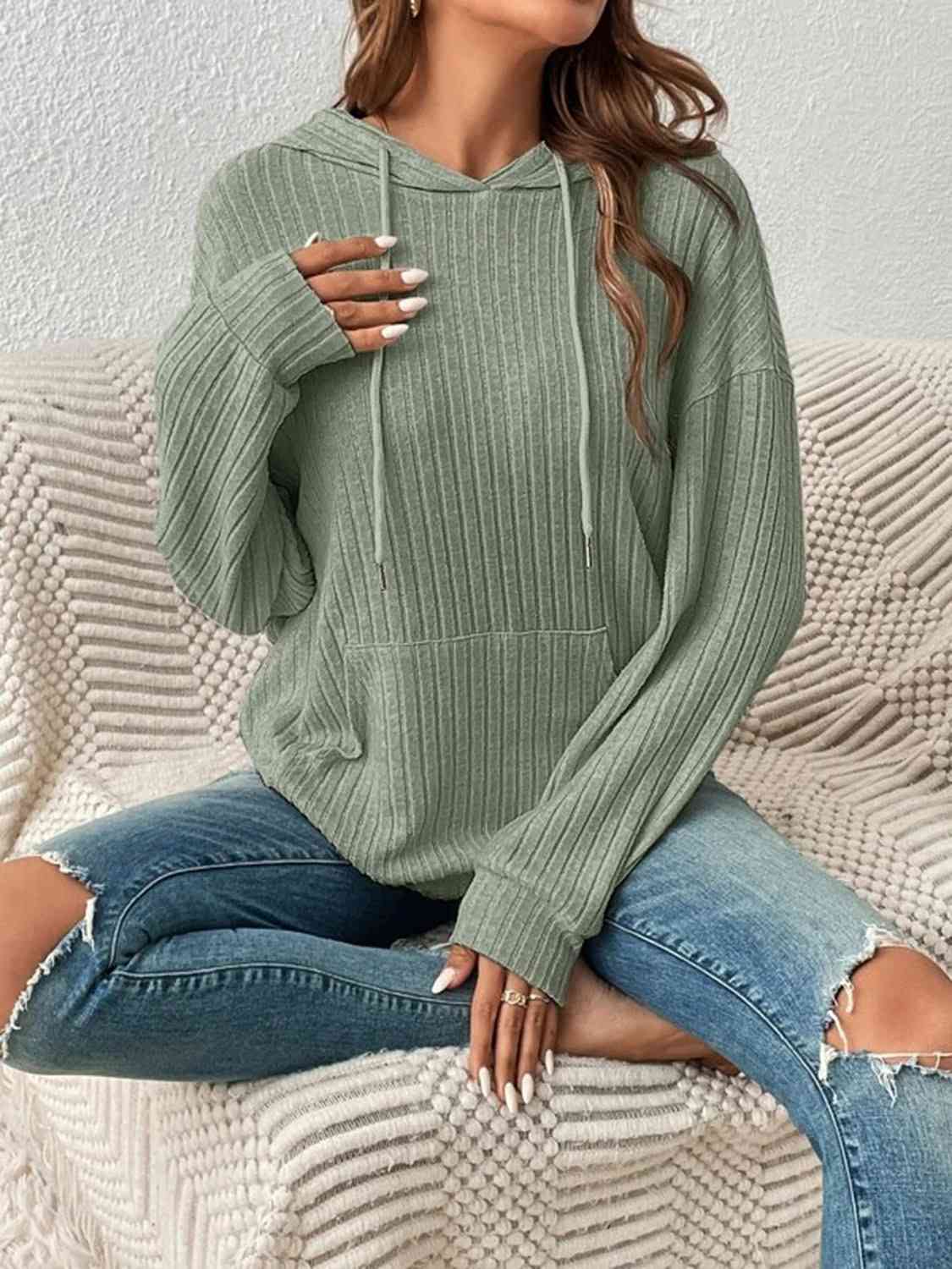 Ribbed Dropped Shoulder Drawstring Hoodie Trandify deal
