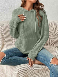 Ribbed Dropped Shoulder Drawstring Hoodie Trandify deal