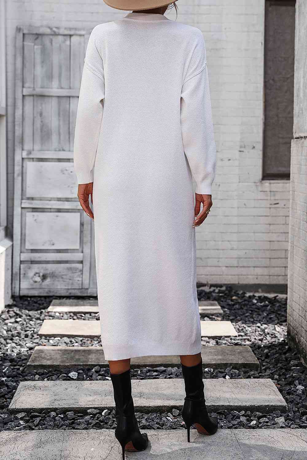 Notched Neck Dropped Shoulder Button-Down Midi Dress Trandify deal