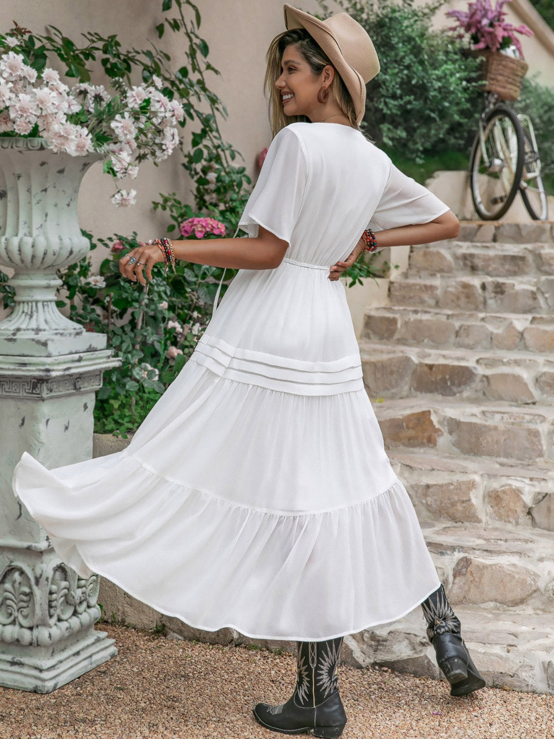 Tie Neck Short Sleeve Ruffle Hem Dress Trandify deal