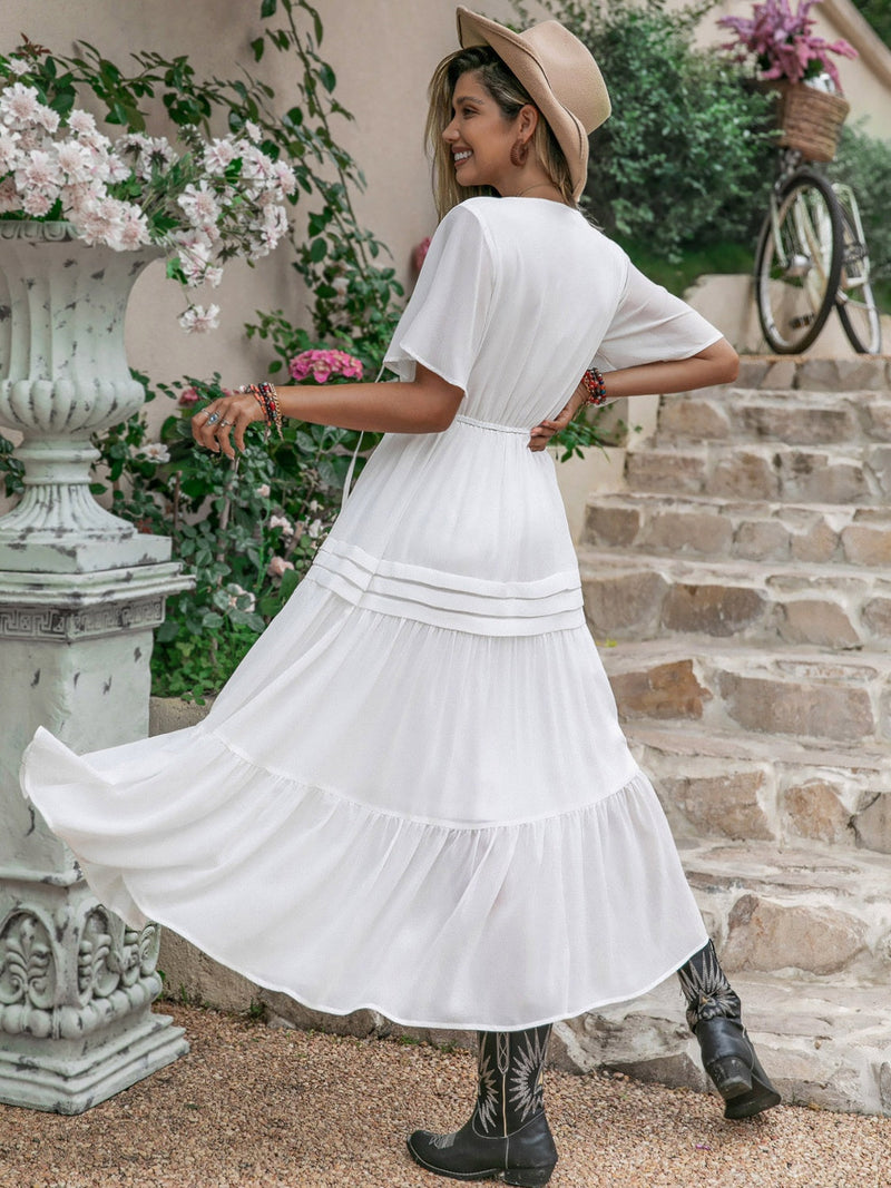 Tie Neck Short Sleeve Ruffle Hem Dress Trandify deal
