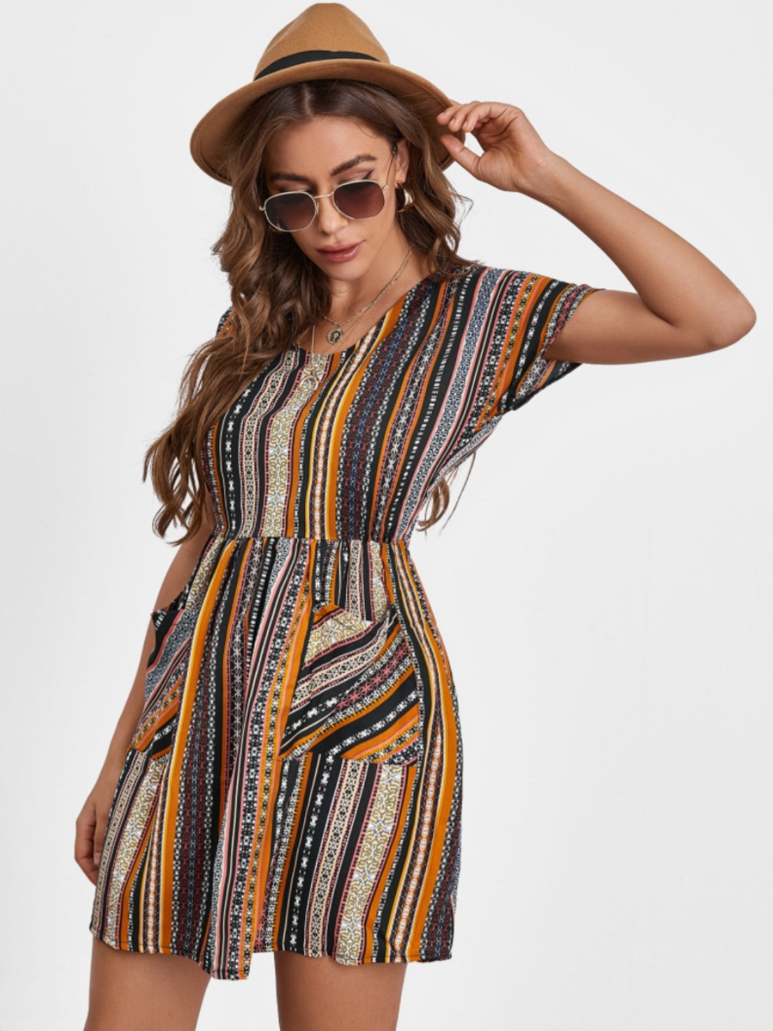 Pocketed Striped Short Sleeve Dress Trandify deal