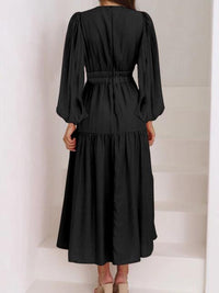 Deep V-Neck Balloon Sleeve Plain Maxi Dress Trandify deal