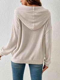 Ribbed Dropped Shoulder Drawstring Hoodie Trandify deal