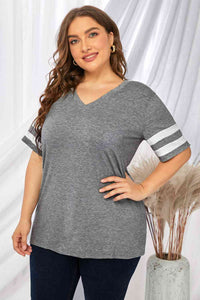Plus Size Striped V-Neck Tee Shirt Trandify deal