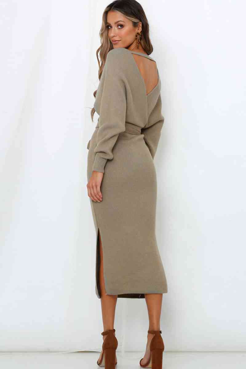 Surplice Neck Bow Waist Slit Sweater Dress Trandify deal