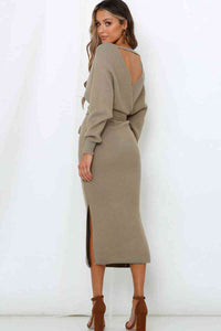 Surplice Neck Bow Waist Slit Sweater Dress Trandify deal