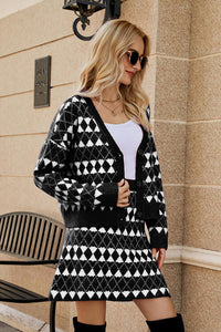 Geometric Button Front Cardigan and Skirt Set Trandify deal