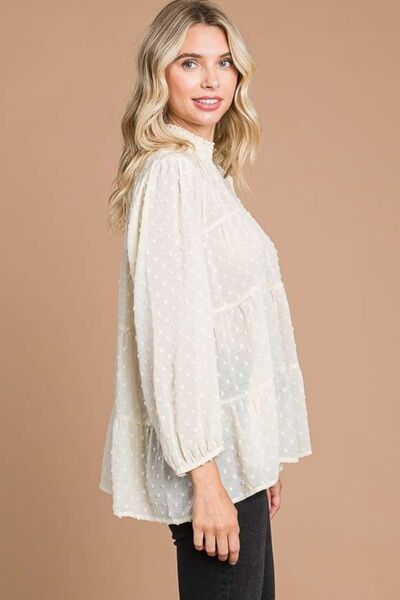 Culture Code Full Size Swiss Dot Smocked Mock Neck Blouse Trandify deal