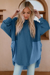 Contrast Texture Round Neck Long Sleeve Blouse Trandify deal