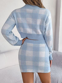 Plaid Round Neck Top and Skirt Sweater Set Trandify deal