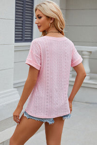 Eyelet V-Neck Short Sleeve T-Shirt Trandify deal