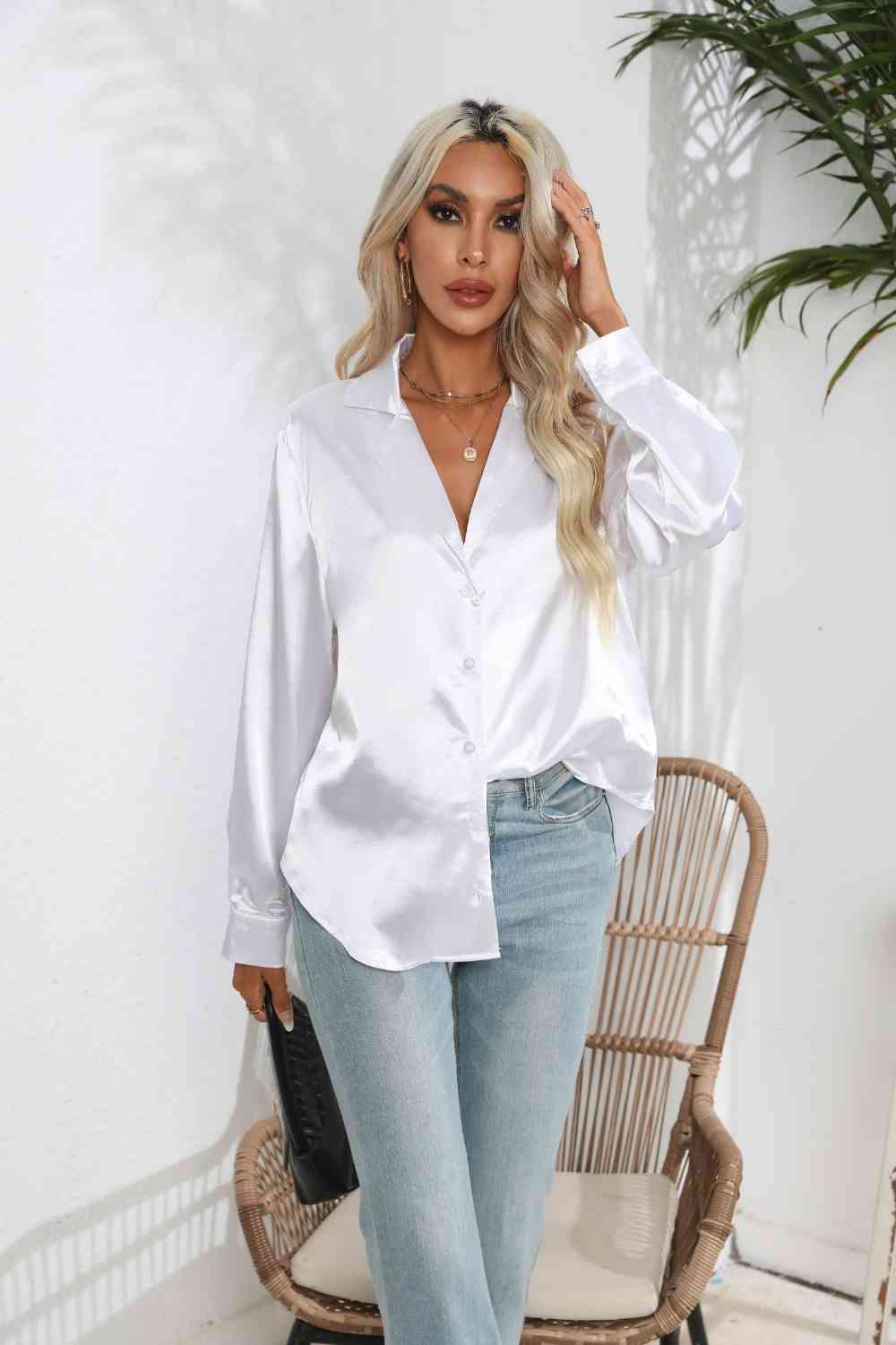 Lapel Collar Button Up Long Sleeve Shirt Trandify deal