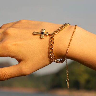 Stainless Steel Imitation Gemstone Cross Shape Pendant Bracelet Trandify deal