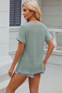 Eyelet V-Neck Short Sleeve T-Shirt Trandify deal