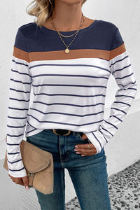 Perfee Striped Round Neck Long Sleeve T-Shirt Trandify deal