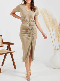 Ruched Slit V-Neck Short Sleeve Dress Trandify deal