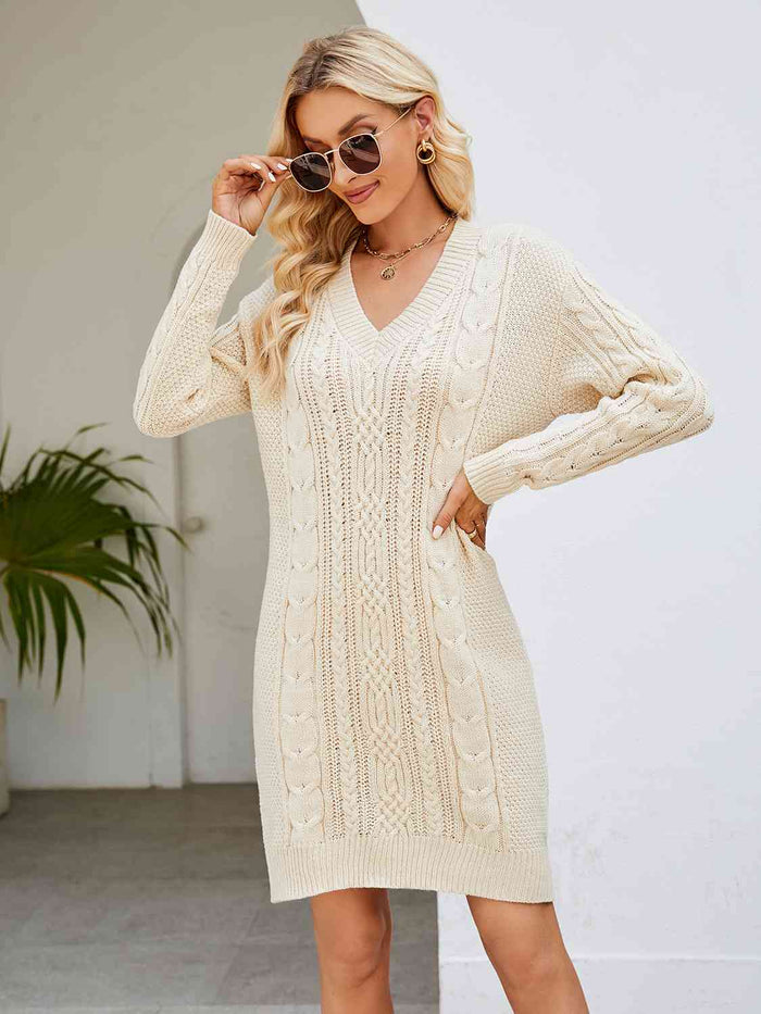 Cable-Knit V-Neck Mini Sweater Dress Trandify deal