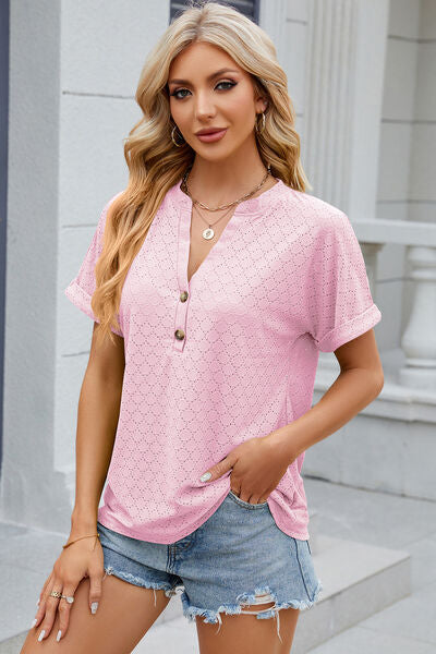 Eyelet Notched Short Sleeve T-Shirt Trandify deal
