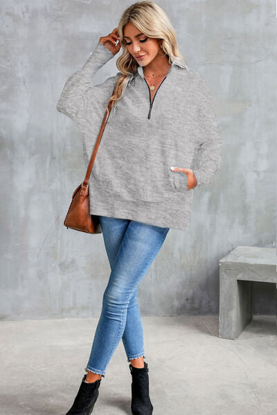 Half Zip Pocketed Dropped Shoulder Sweatshirt Trandify deal