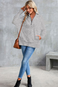 Half Zip Pocketed Dropped Shoulder Sweatshirt Trandify deal