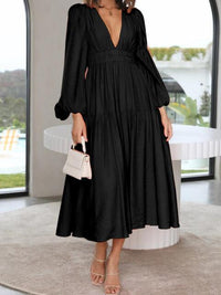 Deep V-Neck Balloon Sleeve Plain Maxi Dress Trandify deal