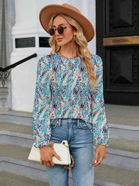 Printed Round Neck Flounce Sleeve Blouse Trandify deal