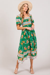 SAGE + FIG Printed Smocked Short Sleeve Midi Dress Trandify deal