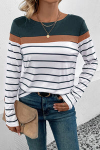 Perfee Striped Round Neck Long Sleeve T-Shirt Trandify deal