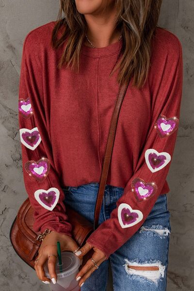 Heart Sequin Round Neck Long Sleeve T-Shirt Trandify deal