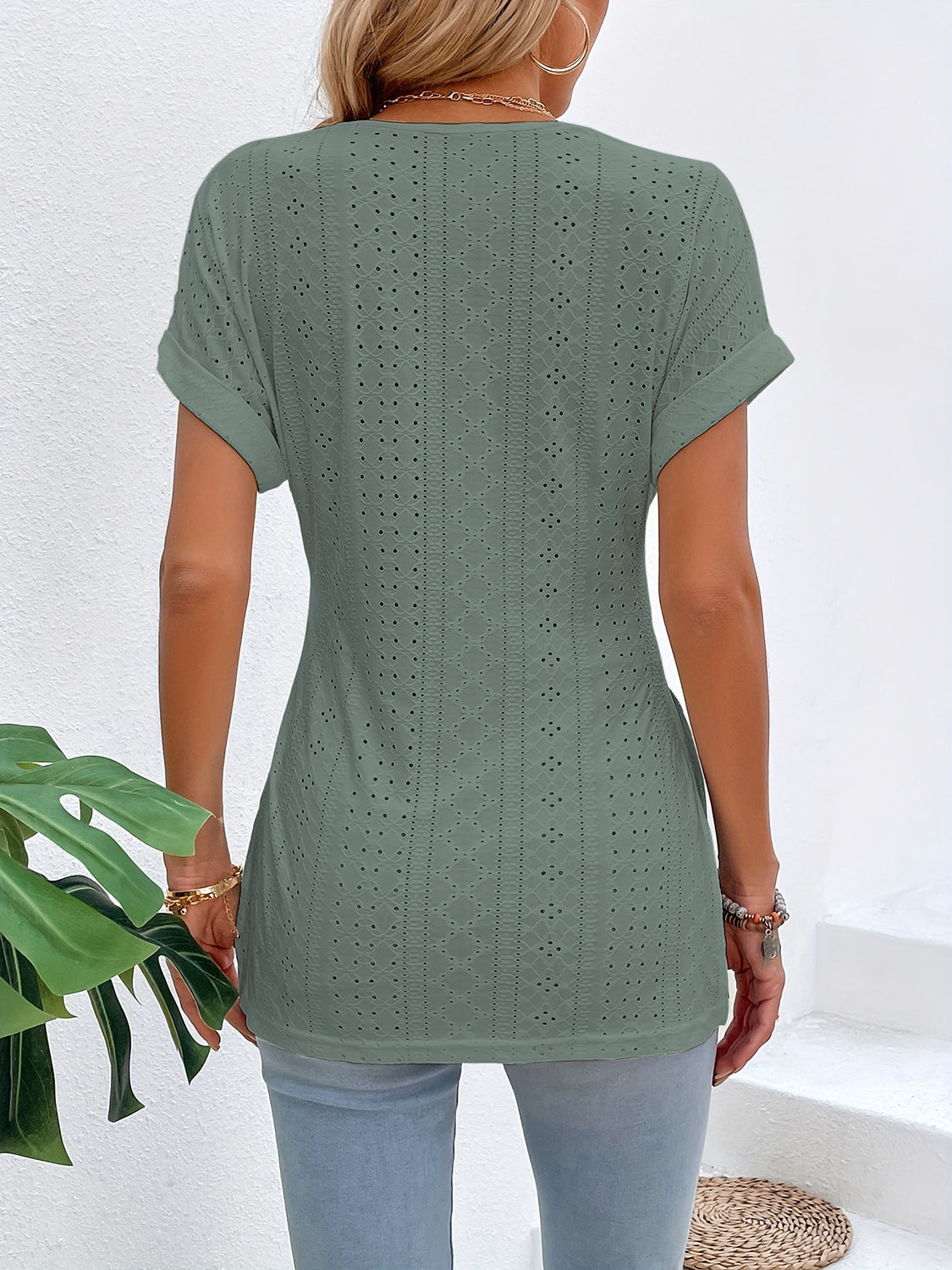 Slit Eyelet V-Neck Short Sleeve Blouse Trandify deal