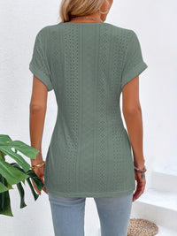 Slit Eyelet V-Neck Short Sleeve Blouse Trandify deal
