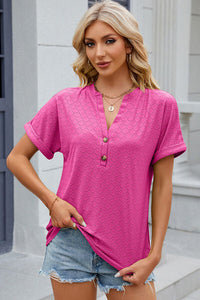 Eyelet Notched Short Sleeve T-Shirt Trandify deal