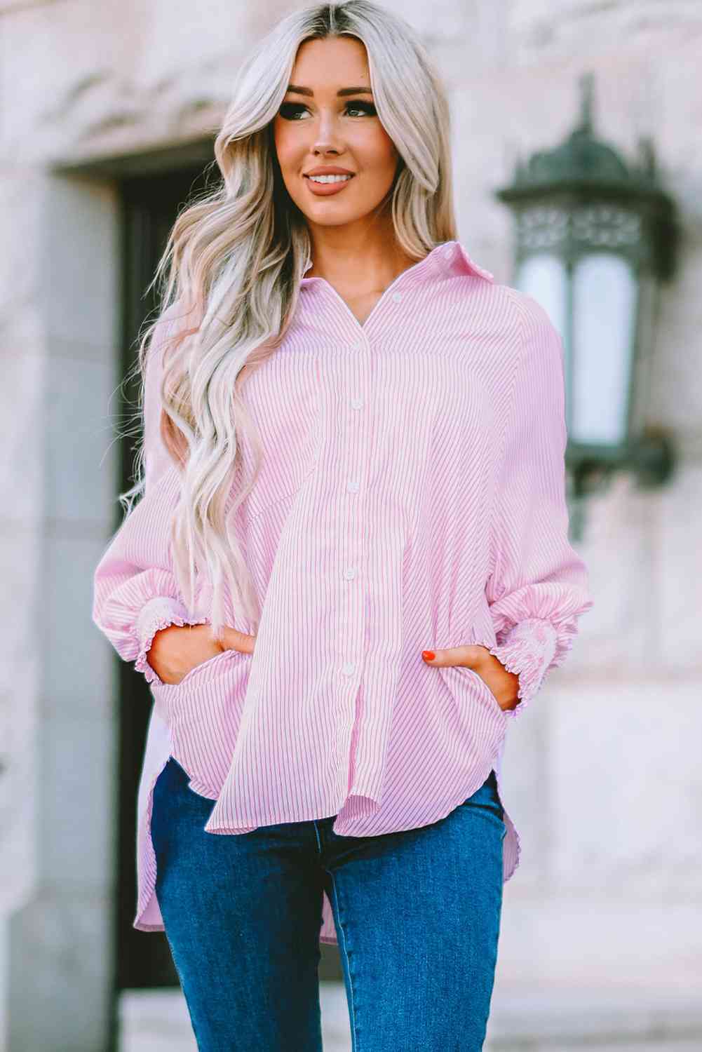 Striped Lantern Sleeve Collared Shirt Trandify deal