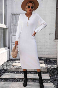 Notched Neck Dropped Shoulder Button-Down Midi Dress Trandify deal