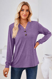 Notched Button Detail Long Sleeve T-Shirt Trandify deal