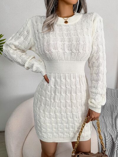 Cable-Knit Round Neck Mini Wrap Sweater Dress Trandify deal