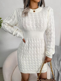 Cable-Knit Round Neck Mini Wrap Sweater Dress Trandify deal