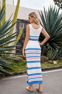 Striped Openwork Cropped Tank and Split Skirt Set Trandify deal