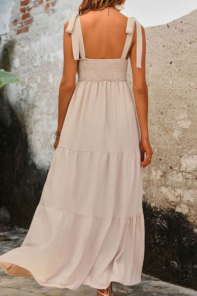 Tie Shoulder Smocked Tiered Dress Trandify deal