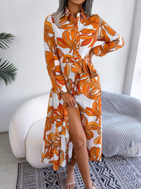 Tied Button Up Long Sleeve Dress Trendsi